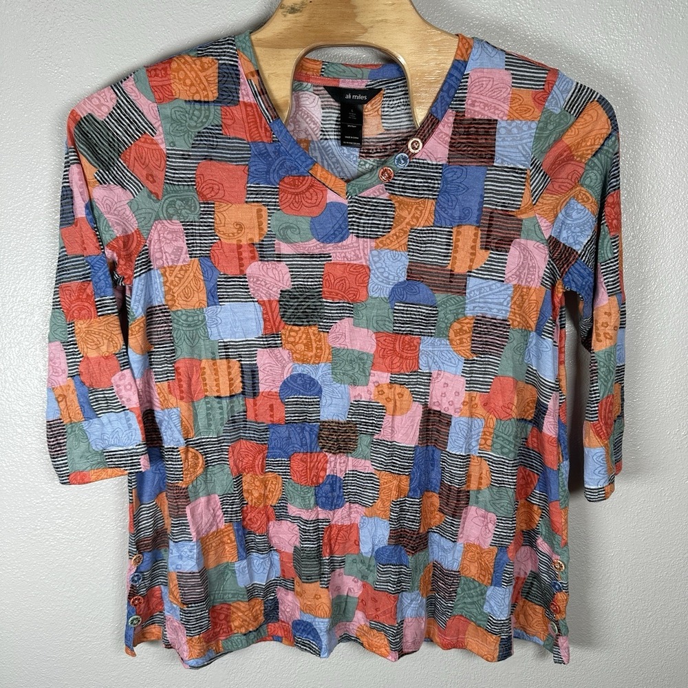 Ali Miles Womens Size Large Multicolor Artsy to Wear Lagenlook Tunic Top Stretch